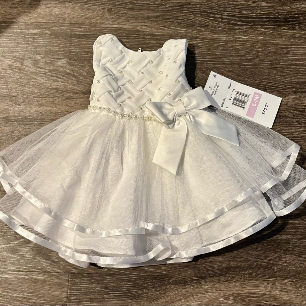 Rare Editions White Tutu Dress w/ Bow Pearl Sleeveless Girls Easter Baptism 6-9M